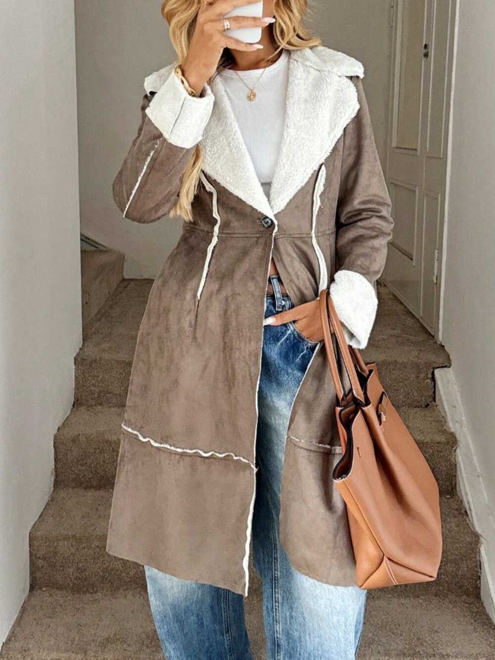 Brown Casual Women's Regular Mid-Length Thermal Lined Jacket - Picture 6 of 6